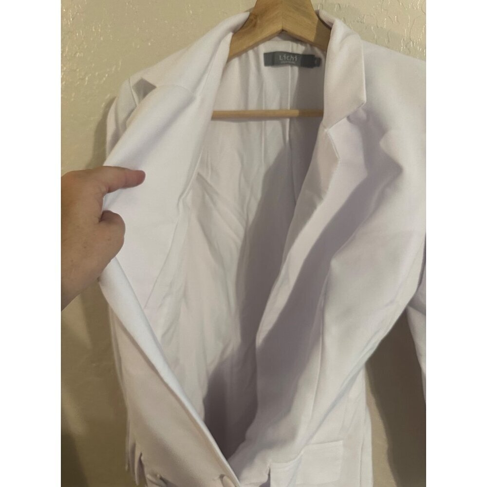 Y Lichi White Cotton Two Button Plunge V Neck Long Blazer Professional Dress - Picture 11 of 14